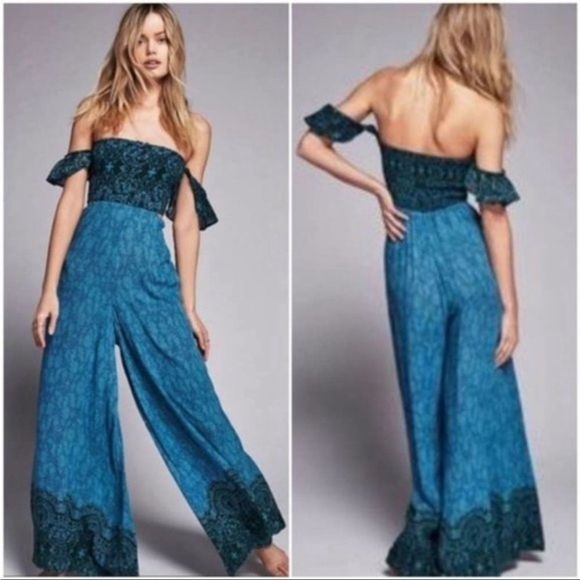Free People Blue and Green Strapless Wide-Leg Jumpsuit - Picture 1 of 5